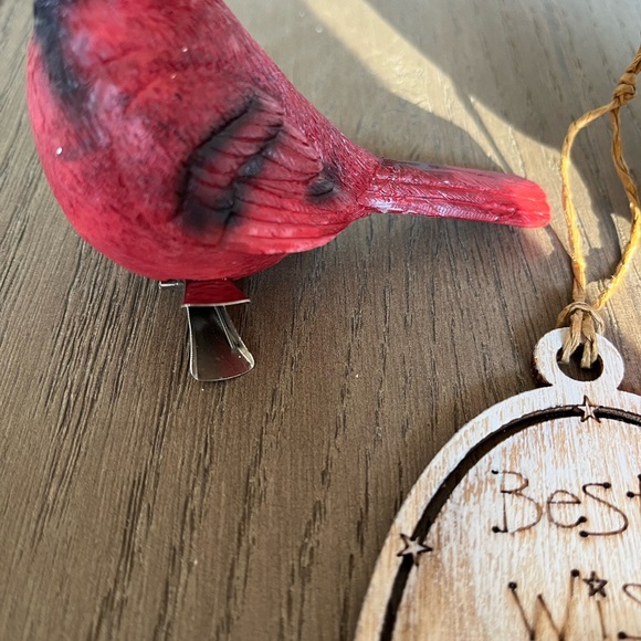 Two Resin Cardinals with Metal Clip and a Wood Holiday Cardinal Ornament - Picture 7 of 14